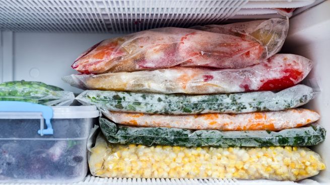 Alimentos armazenados no congelador da geladeira.