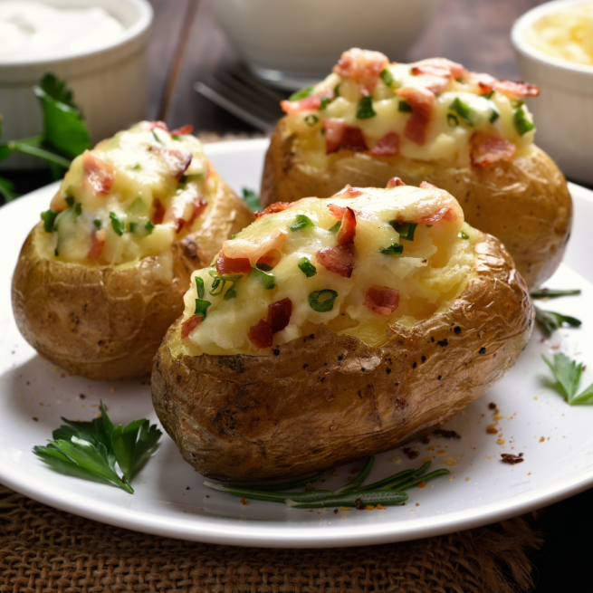 Batatas inglesas, recheadas com carne e um toque de temperos.