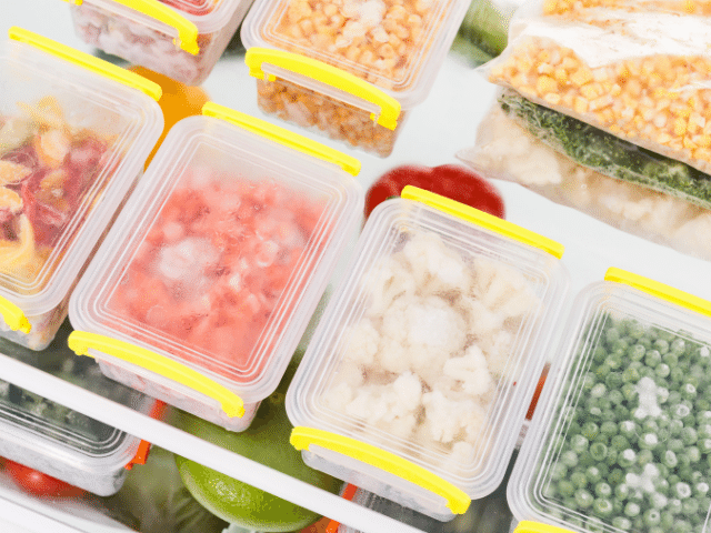 Alimentos guardados em recipientes de plástico, para o seu congelamento.